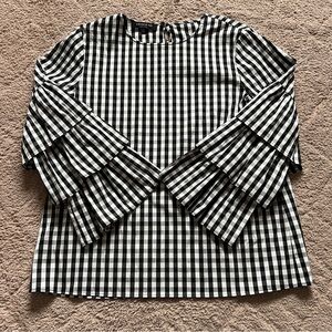 Lafayette 148 Regina Ruffle Sleeve Poplin Plaid Gingham Blouse Women’s Size S